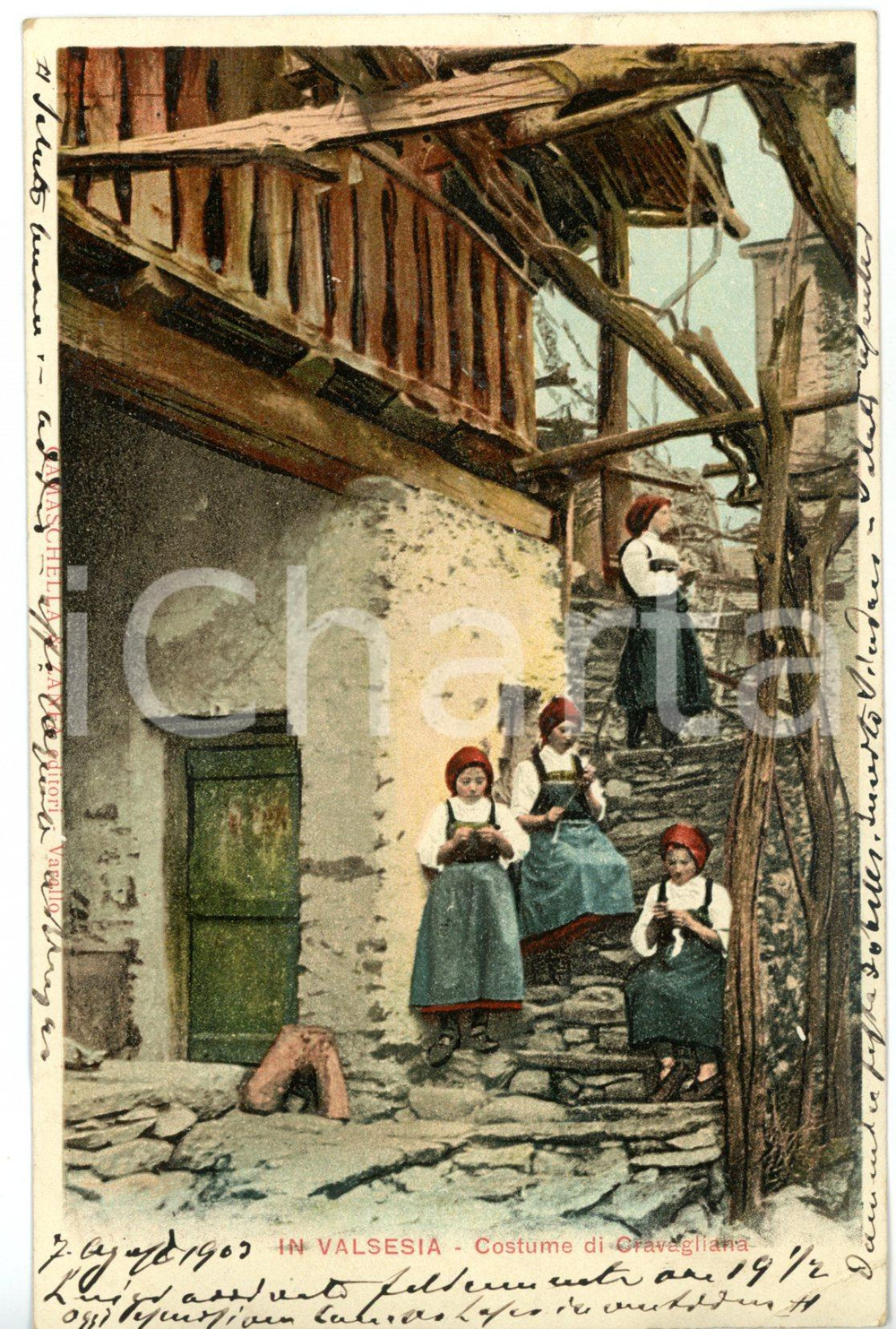 1903 CRAVAGLIANA Giovani filatrici in costume tradizionale *Cartolina ILLUSTRATA