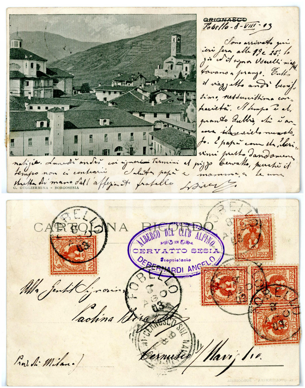 1903 GRIGNASCO (NO) Veduta panoramica - Timbro ALBERGO CLUB ALPINO *Cartolina FP