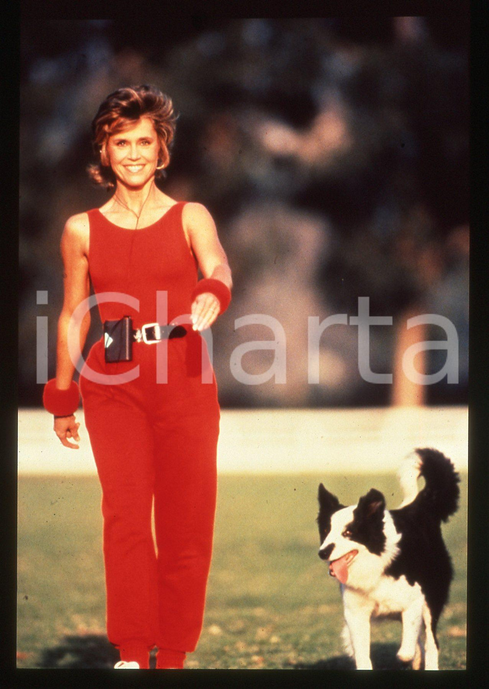 35mm vintage slide* 1980 ca COSTUME - Jane FONDA a passeggio con il suo cane
