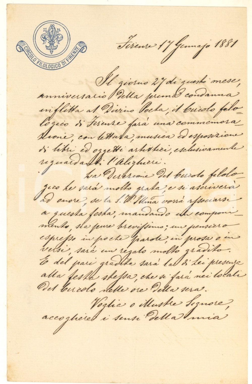 1881 FIRENZE Circolo Filologico - Lettera Lorenzo CONTE per onoranze dantesche