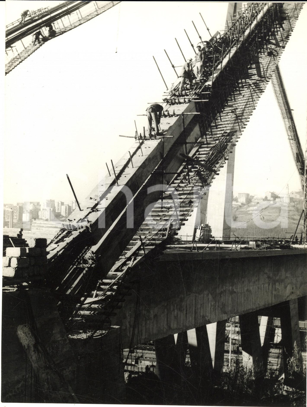 1965 ca GENOVA Costruzione PONTE MORANDI - Posizionamento tiranti *Foto 18x24 cm  Fotografia d'epoca.   CONDIZIONI: G (minimi graffi superficiali) FORMATO: 18x24 cm     originale e autentica 1