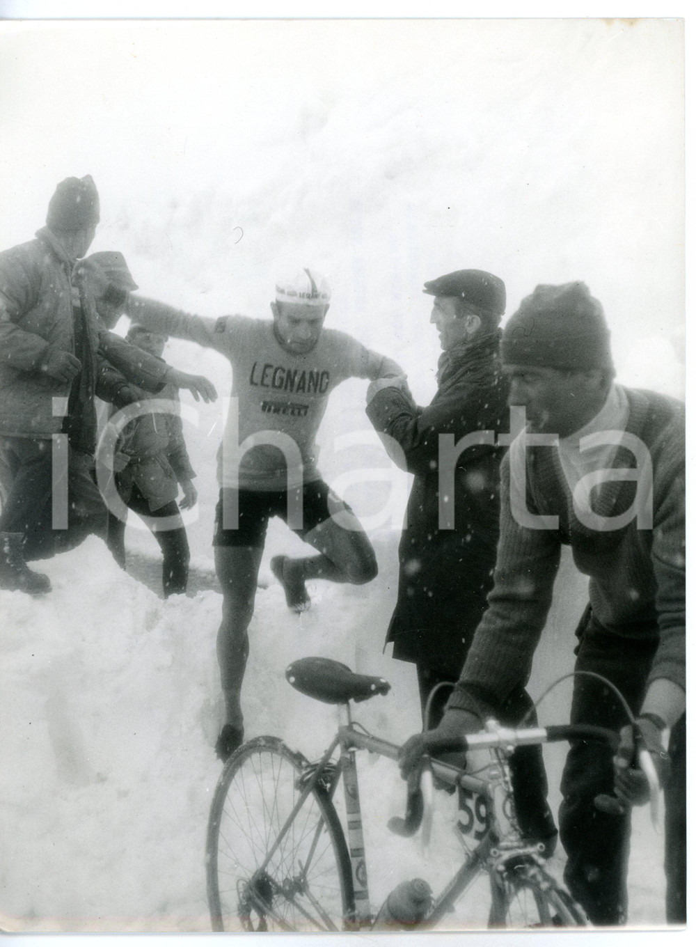 1965 GIRO D'ITALIA PASSO STELVIO Ciclista squadra LEGNANO supera cumulo di neve