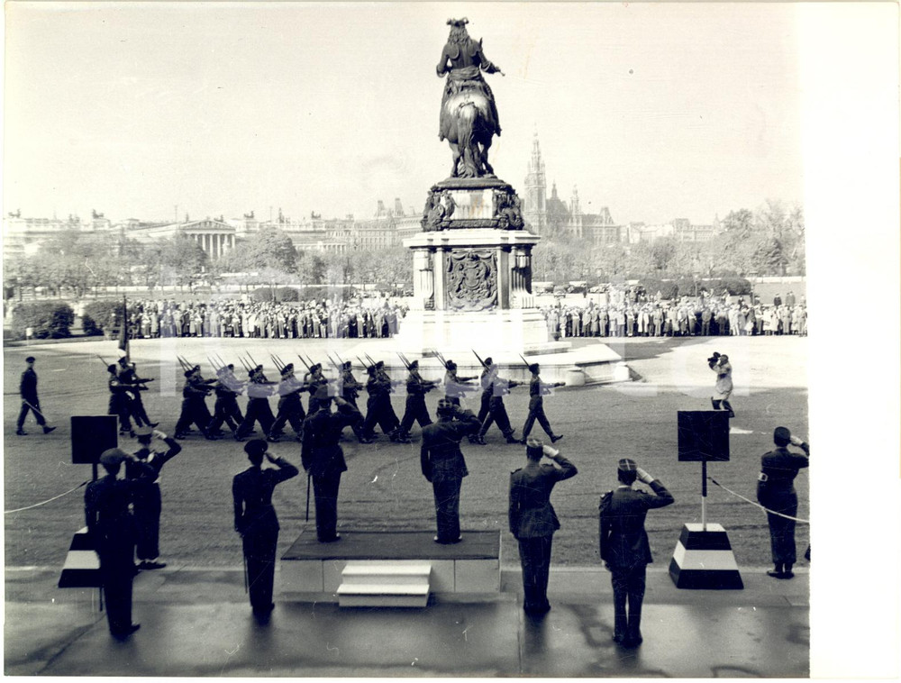 1953 VIENNA French guards during the parade near the statue of Prince Eugen