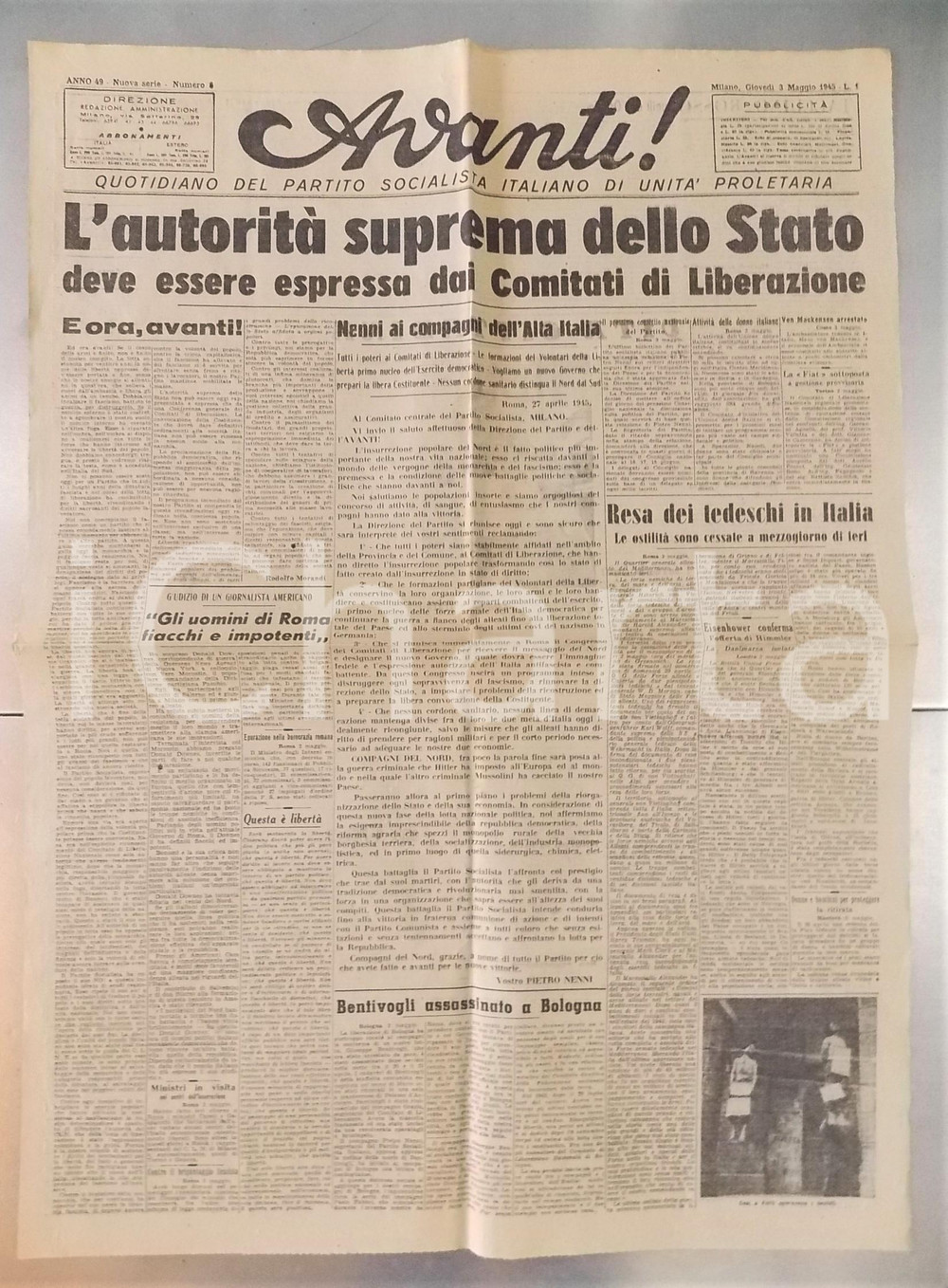 Giornale, rivista storica Maggio 1945 AVANTI! Resa dei tedeschi in Italia  Pietro Nenni al CLN  Giornale 1