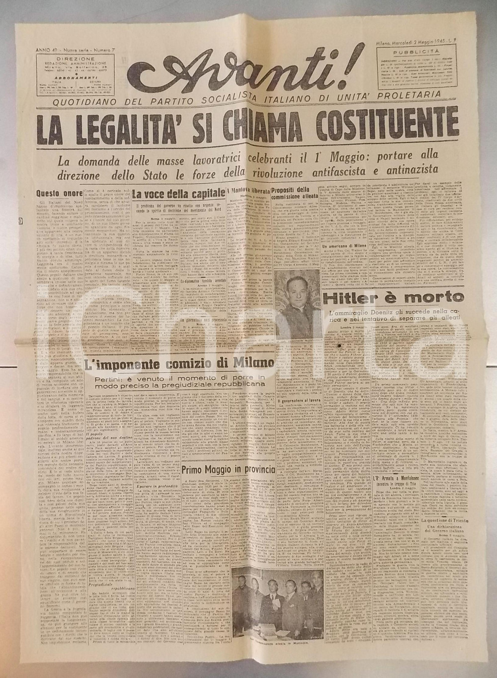 Giornale, rivista storica 2 Maggio 1945 AVANTI! Hitler é morto  1° Maggio e Costituente  Giornale 1