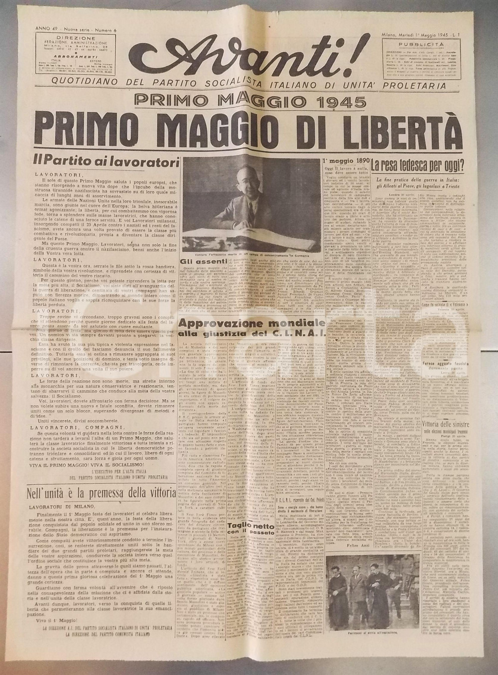 Giornale, rivista storica 1945 AVANTI! Primo Maggio di libertà  Resa tedesca in arrivo Giornale RARO 1