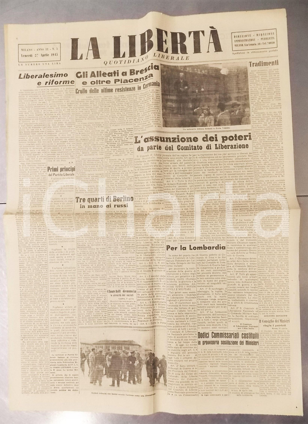Giornale, rivista storica 27 Aprile 1945 LA LIBERTA  Gli Alleati a Brescia  I russi a Berlino  Giornale 1