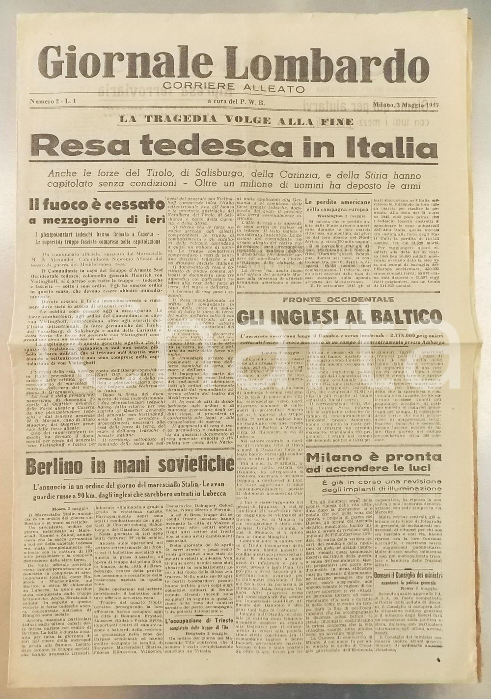 Giornale, rivista storica 3 Maggio 1945 GIORNALE LOMBARDO Resa tedesca in Italia  Fosse Ardeatine 1