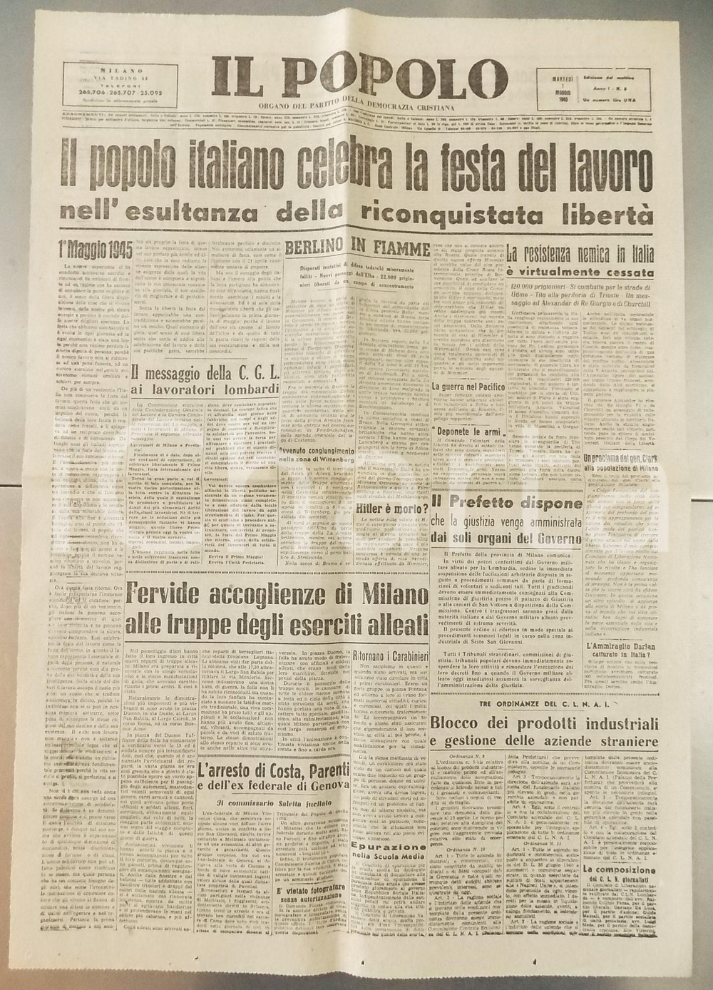 Giornale, rivista storica 1Â° Maggio 1945 IL POPOLO Berlino in fiamme  Alleati a Milano  Giornale RARO 1