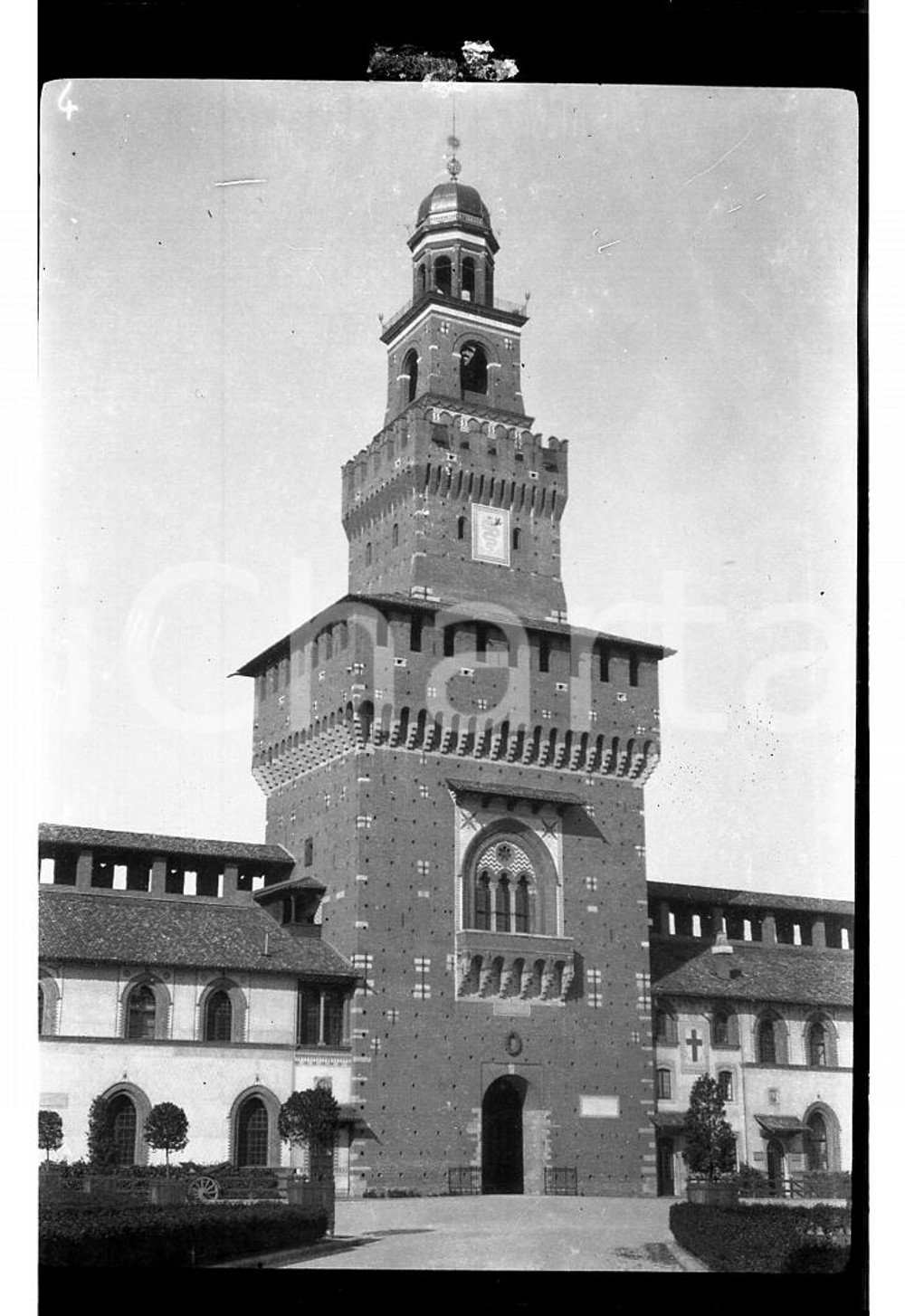 6x9cm NEGATIVO ORIGINALE * 1920 MILANO Torre del Castello Sforzesco