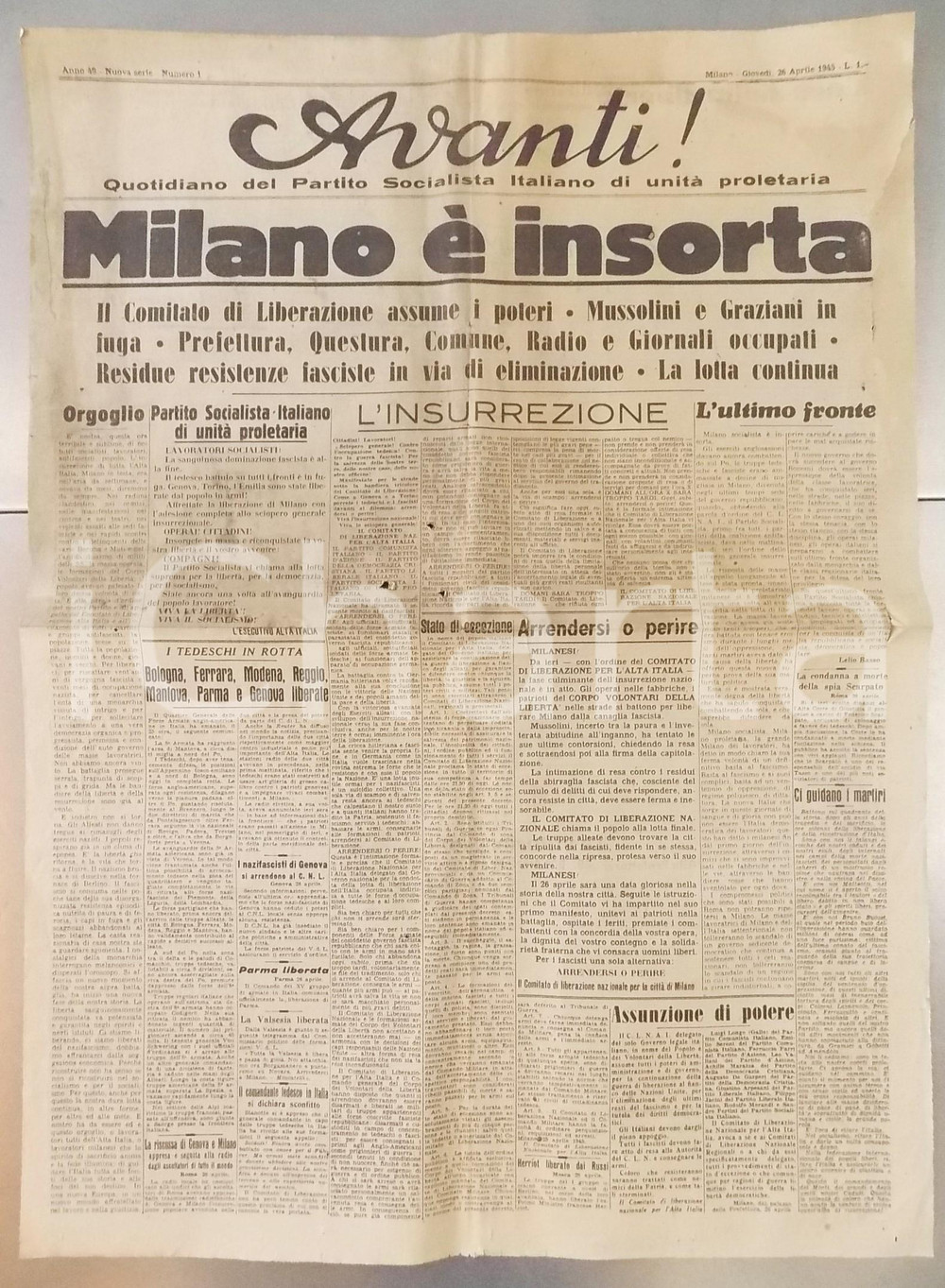 Giornale, rivista storica 26 Aprile 1945 AVANTI! Milano insorta  Mussolini in fuga  Tedeschi in rotta 1