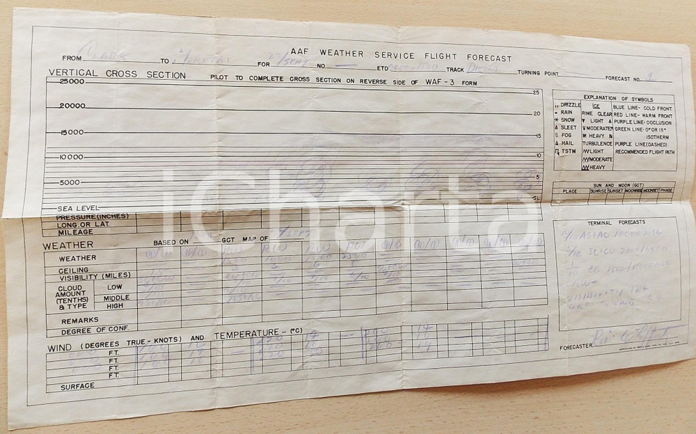 Mappa, planimetria storica 1946 US ARMY AAF Weather Service Flight Forecast  Flight Clark FieldMorotai 1