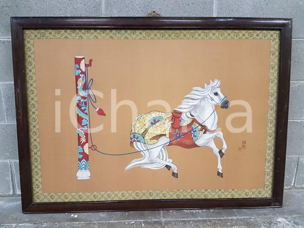 1975 CINA VINTAGE Cavallo legato con ornamenti - quadro 125,5 x 89,5 cm