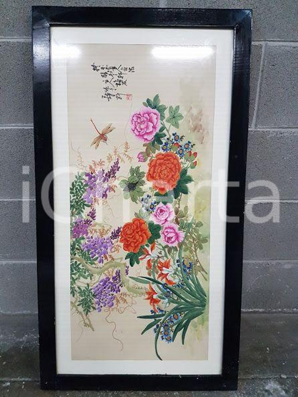 1975 CINA VINTAGE Fiori e libellula - scritte orientali - quadro 89 X 49 cm
