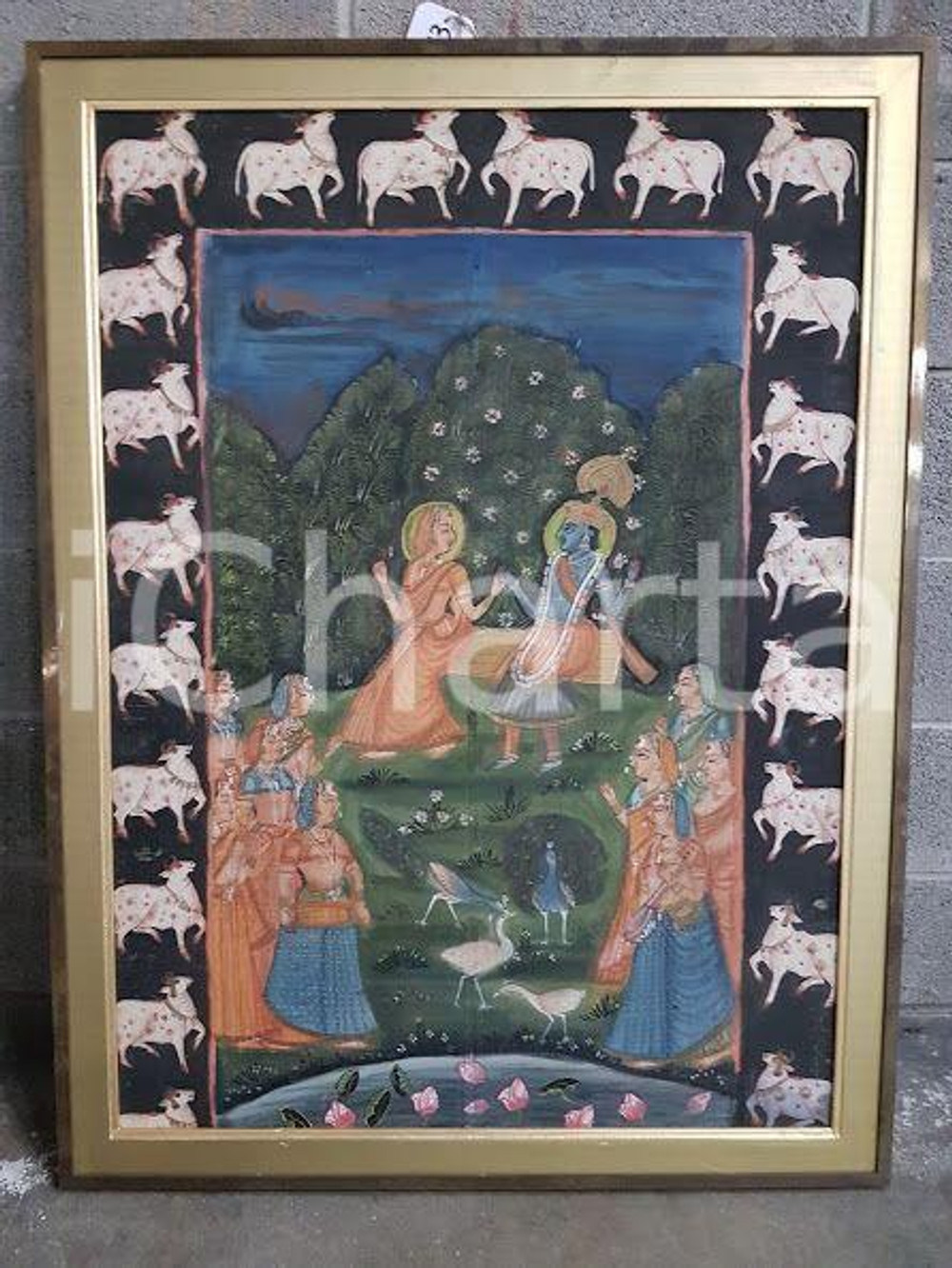 1975 CINA VINTAGE Scena tradizionale religione indiana - quadro 87 x 115,6 cm