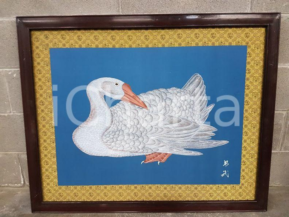 1975 CINA VINTAGE Oca accovacciata becco rivolto a destra - quadro 82 x 102 cm