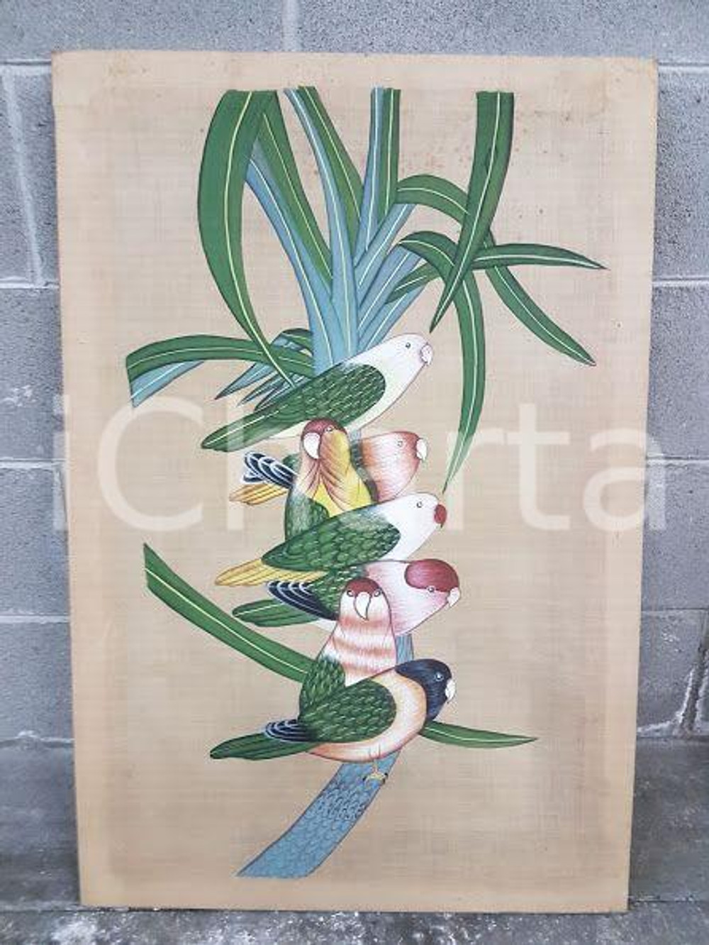 1975 CINA VINTAGE Pappagalli inseparabili su ramo - quadro 56 x 83,7 cm