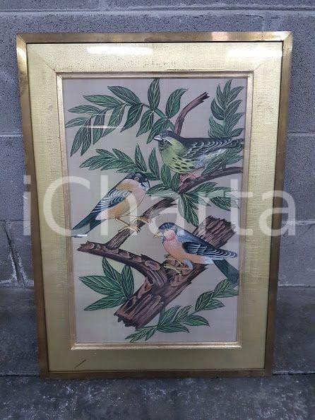 1975 CINA VINTAGE Passeri posati su rami - quadro 43,8 x 61 cm