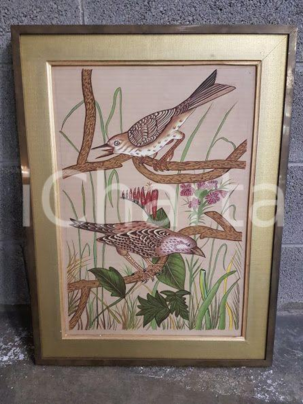 1975 CINA VINTAGE Allodole posate su rami - quadro 52,3 x 69 cm