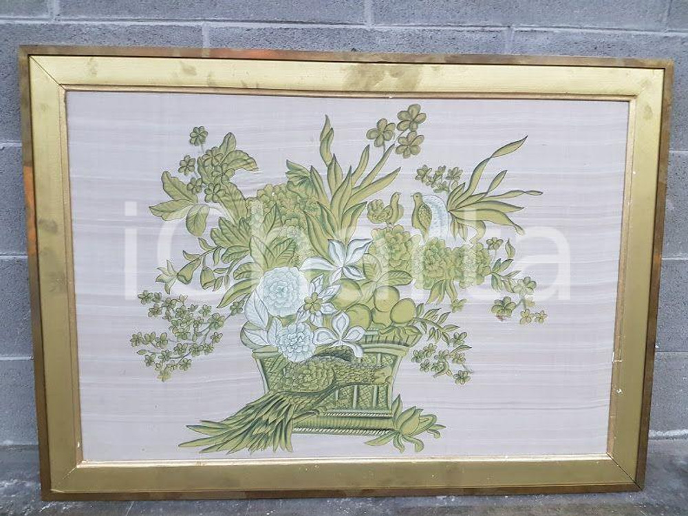 1975 CINA VINTAGE Fiori in vaso con uccelli - quadro 107,5 x 76,5 cm