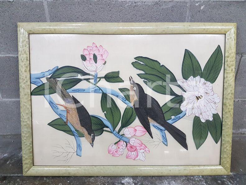 1975 CINA VINTAGE Uccelli posati su rami fioriti - quadro 49 x 69,3 cm