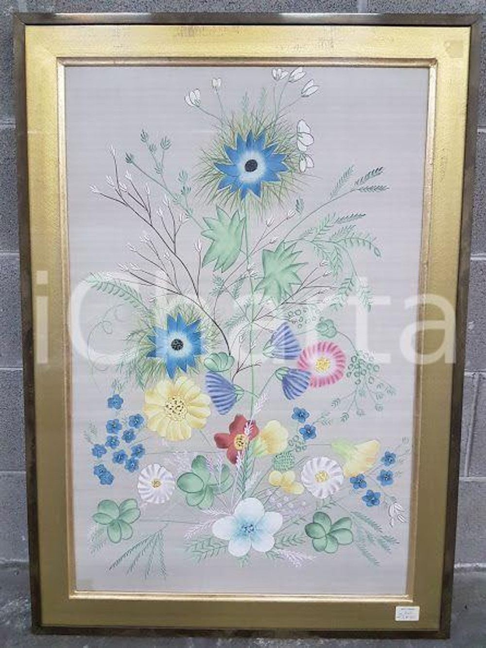 1975 CINA VINTAGE Composizione fiori azzurro giallo - quadro 67,5 x 95,5 cm
