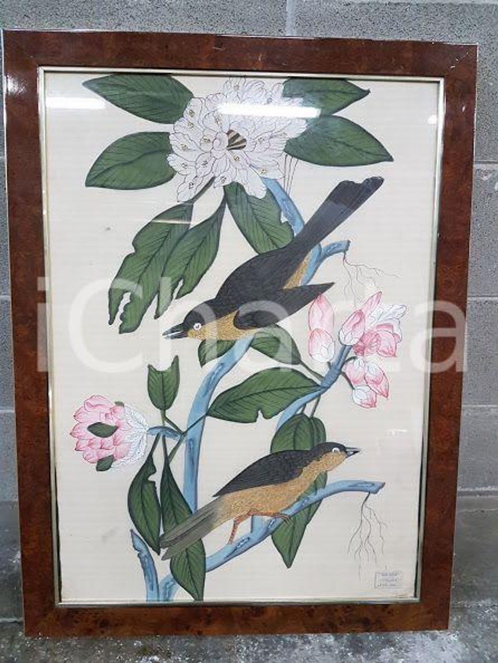 1975 CINA VINTAGE Uccelli posati su ramo fiorito - quadro 59 x 79,6 cm