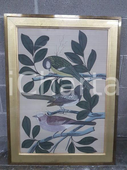 1975 CINA VINTAGE Uccelli posati su rami - quadro 61,5 X 82,3 cm