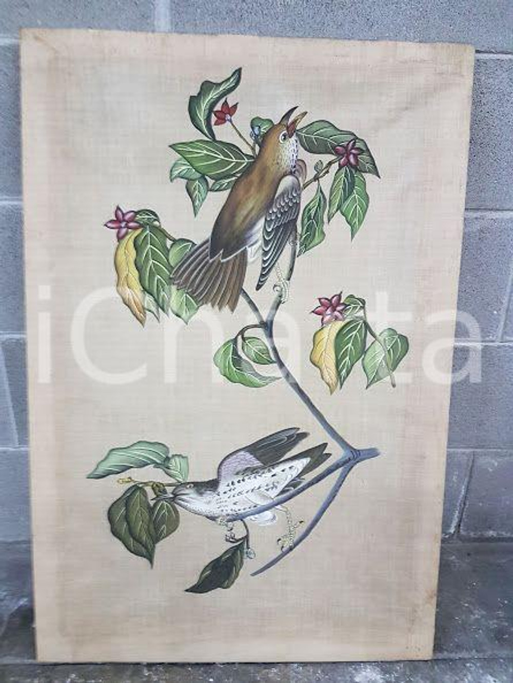 1975 CINA VINTAGE Uccelli posati su rami - quadro 56 X 83,7 cm