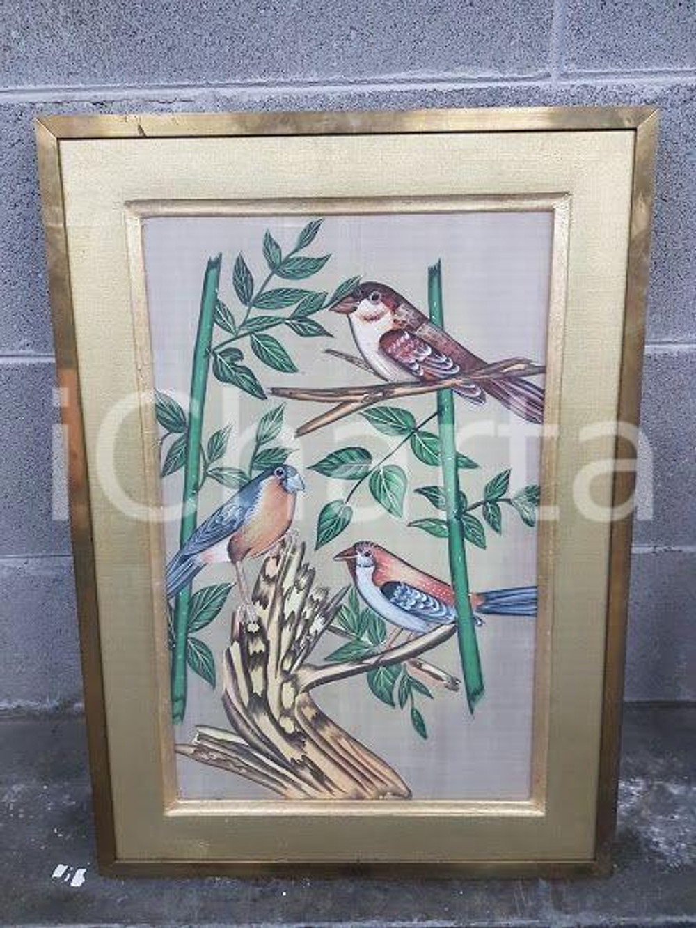 1975 CINA VINTAGE Uccelli posati su rami - quadro 43,4 X 60,4 cm