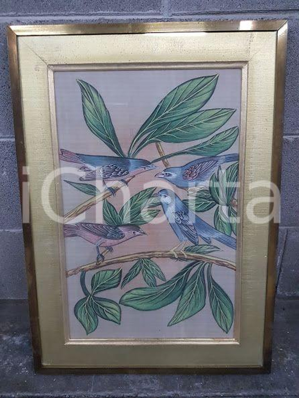 1975 CINA VINTAGE Uccelli posati su rami - quadro 44 X 60,7 cm