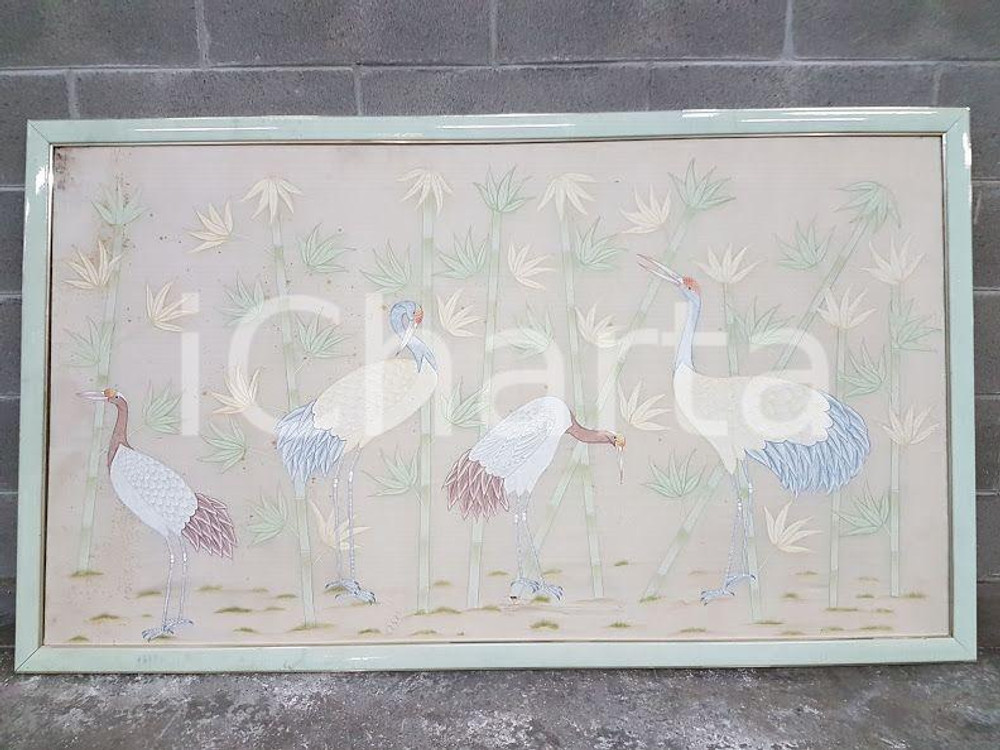 1975 CINA VINTAGE Uccelli trampolieri nel canneto - quadro 165,5 x 96,5 cm