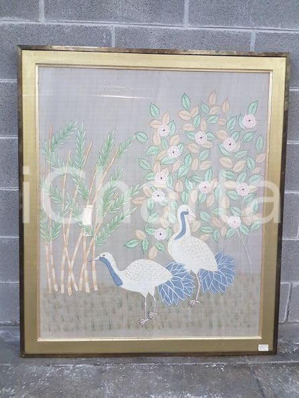 1975 CINA VINTAGE Uccelli trampolieri in giardino fiorito - quadro 96,8 x 113,3 cm