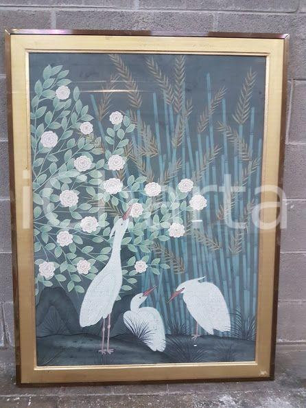 1975 CINA VINTAGE Aironi nel canneto con rose bianche - quadro 87 x 114 cm
