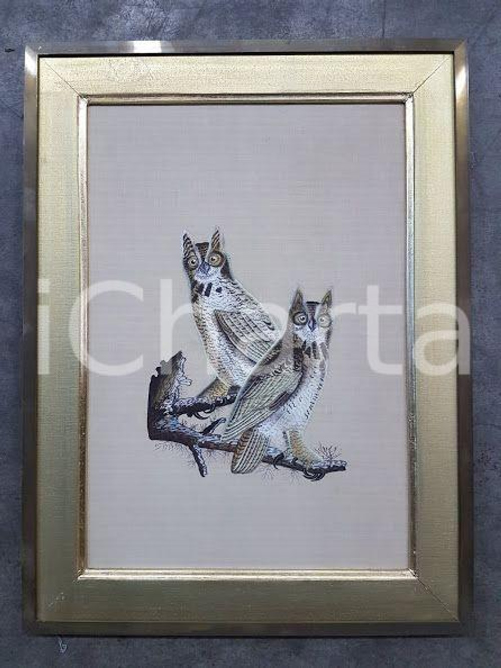 1975 CINA VINTAGE Gufi posati su ramo - quadro 49 x 65,3 cm