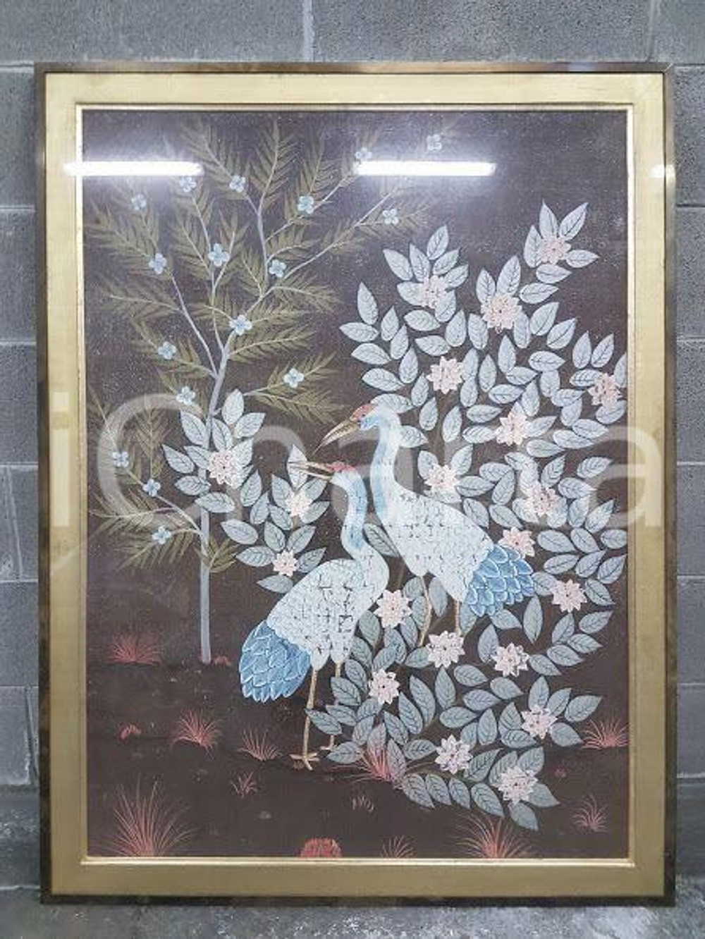 1975 CINA VINTAGE - Uccelli trampolieri su sfondo fiorito - quadro 92,3 x 122 cm