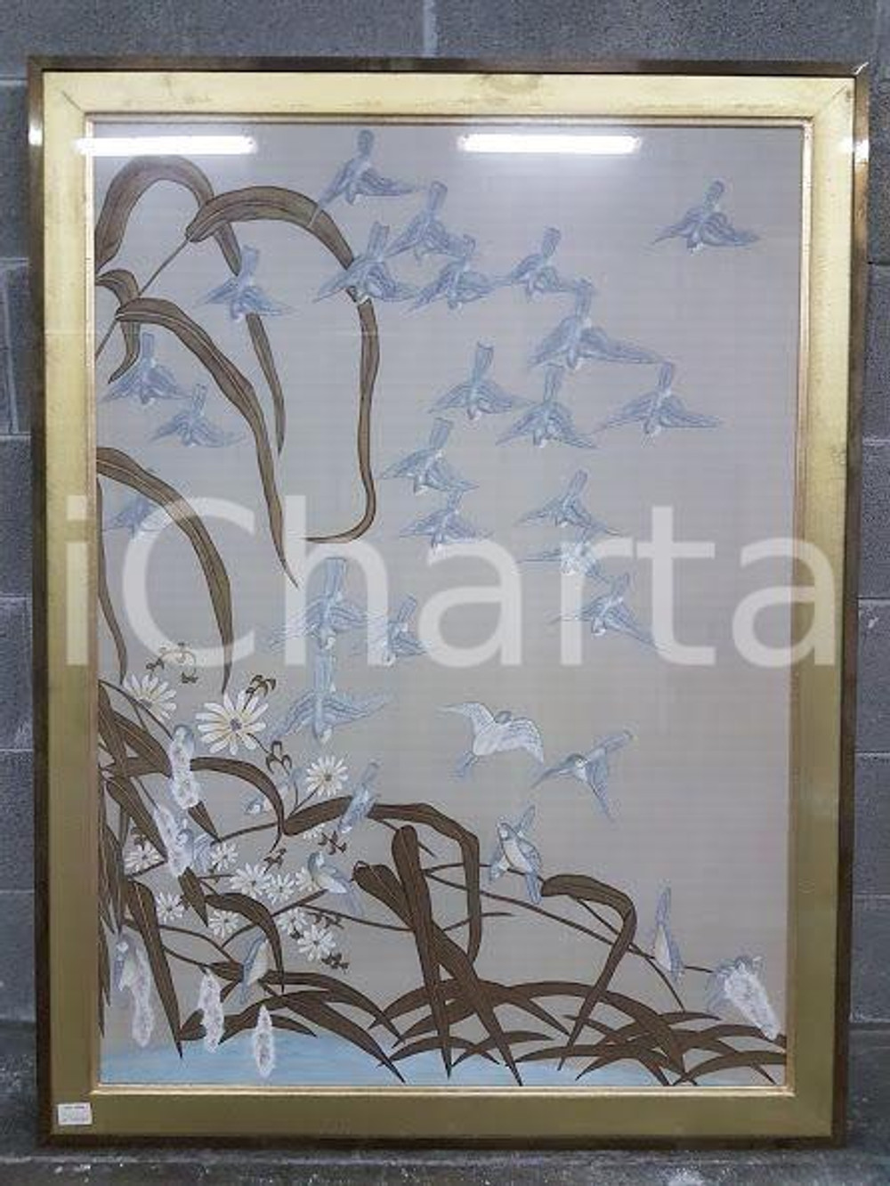 1975 CINA VINTAGE Stormo di uccelli planata - quadro 93 X 122,5 cm