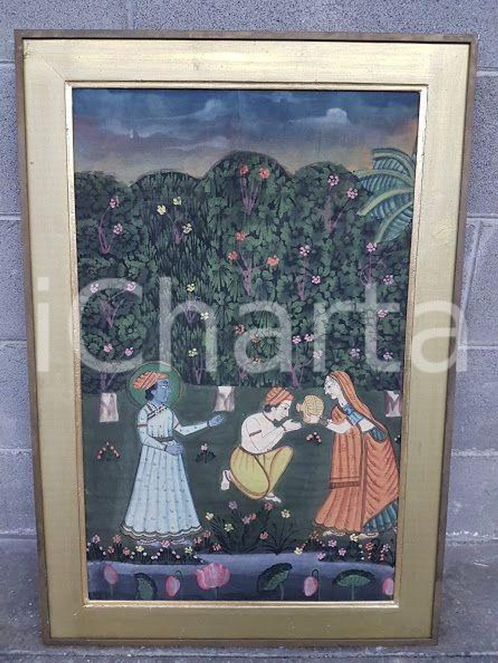 1970 INDIA VINTAGE Scena tradizionale spirituale - quadro 59 X 86 cm