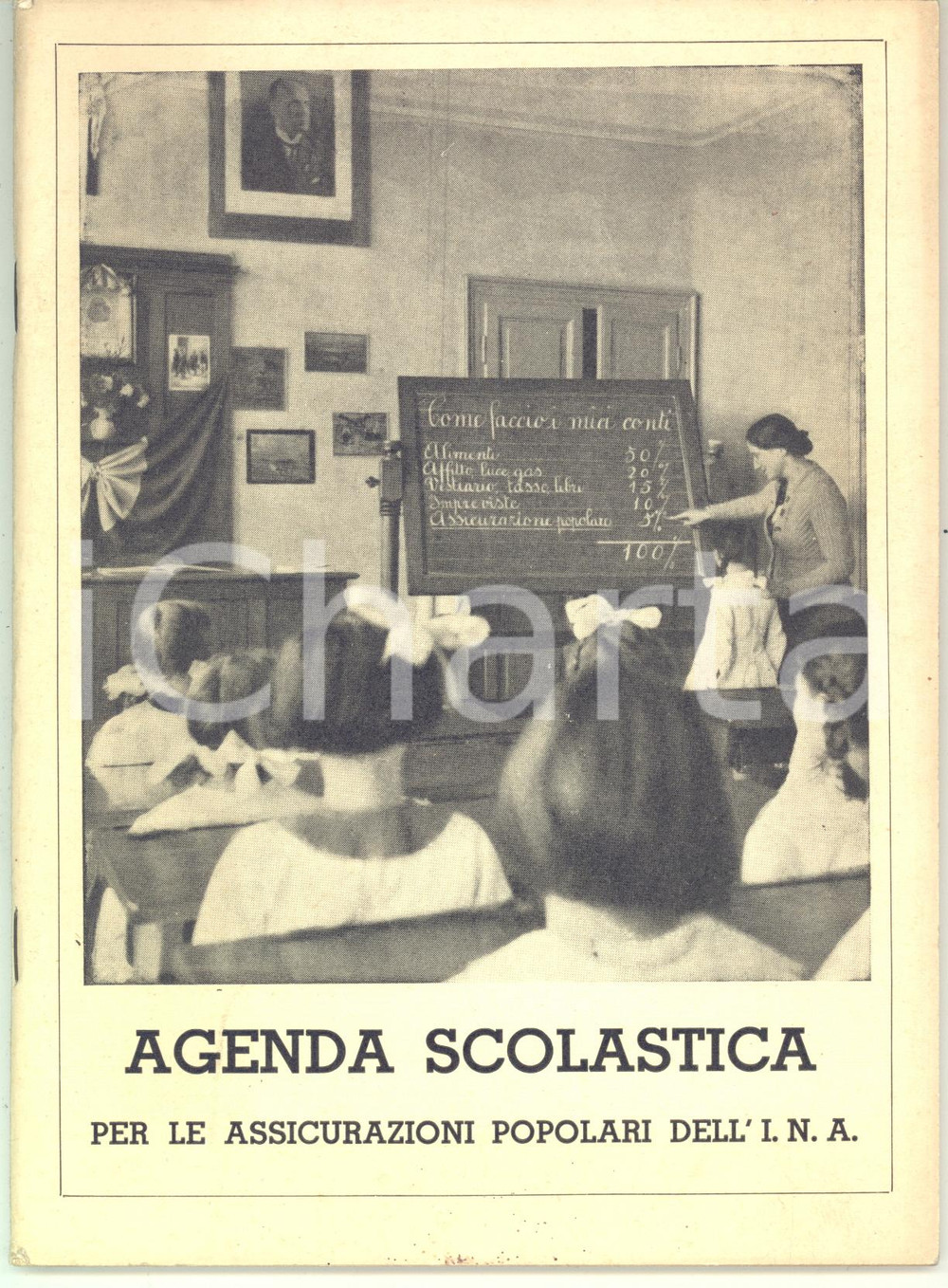 1938 / 1939 Assicurazioni Popolari I.N.A. - Agenda scolastica anno XVII 95 pp. Quaderno non compilato, a uso scolastico, a cura delll'INA (Ufficio Propaganda Scolastica), contenente informazioni sulla monarchia, sul governo italiano, la vita di Benito Mussolini e la conquista dell'Impero, oltre a schemi di lezioni e istruzioni di propaganda delle "Assicurazioni Popolari".CONDIZIONI: G (ma minima sbrecciatura al margine superiore)PAGINE: 95FORMATO: 16x21 cm    originale e autentica 1