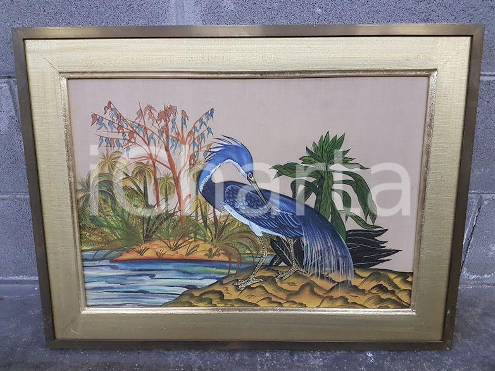 1970 VINTAGE Airone blu lapis su sponda di fiume - Quadro mis.65,3 x 49,5 cm