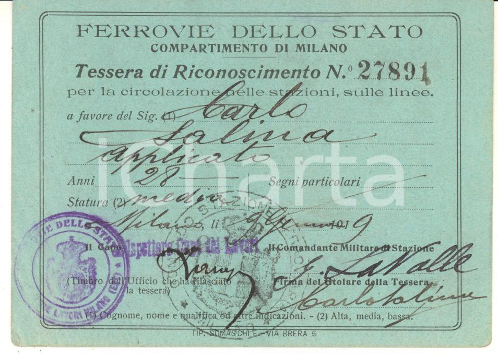 1922 MILANO Ferrovie dello Stato - Tessera riconoscimento per la circolazione