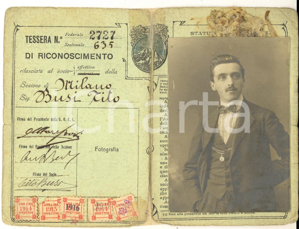 Oggetto da collezione cartaceo 1914 MILANO Unione Operaia Escursionisti Italiani Tessera Tito BUSI DANNEGGIATA 1