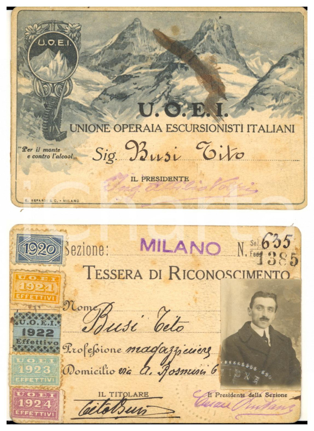 1920 MILANO Unione Operaia Escursionisti Italiani - Tessera Tito BUSI con foto