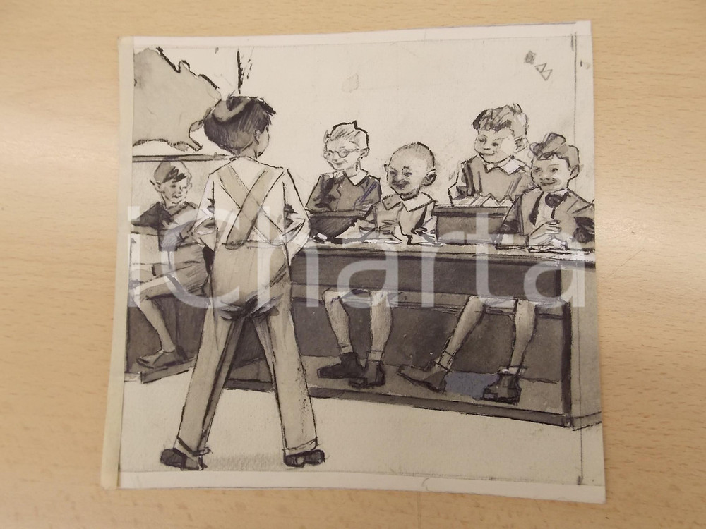 Stampa, bozzetto originale 1960 ca Carlo BISI ? Bambini in classe  Tavola a china DANNEGGIATA 15x14 cm 1