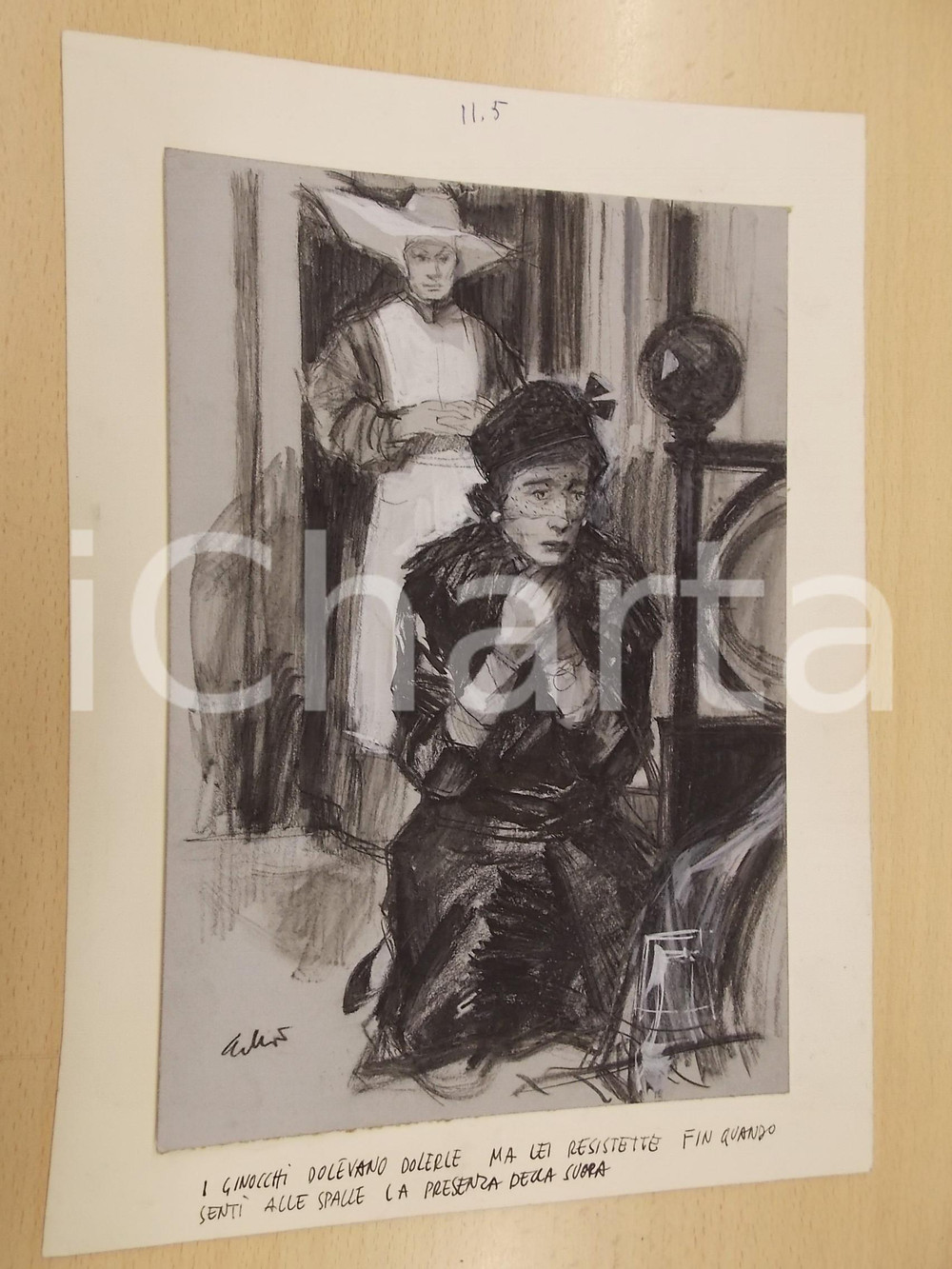 1965 ca Alfonso ARTIOLI "Donna in ginocchio con suora" - Tavola originale 20x28