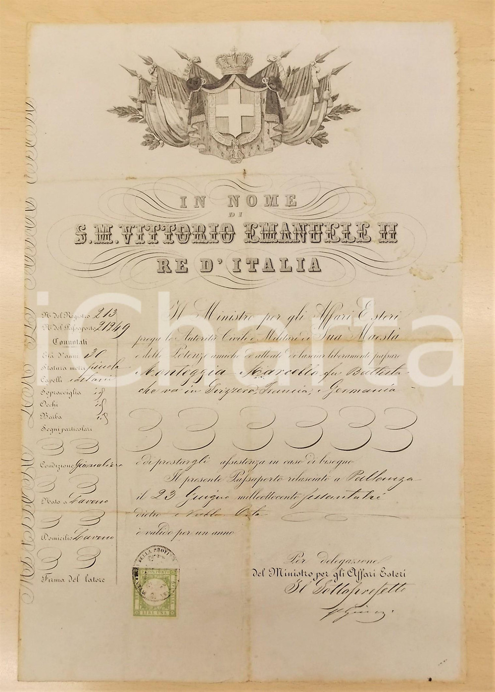 Documento originale, autentico 1863 REGNO D ITALIA LAVENO Lasciapassare Marcello MONTEGGIA operaio giornaliero 1
