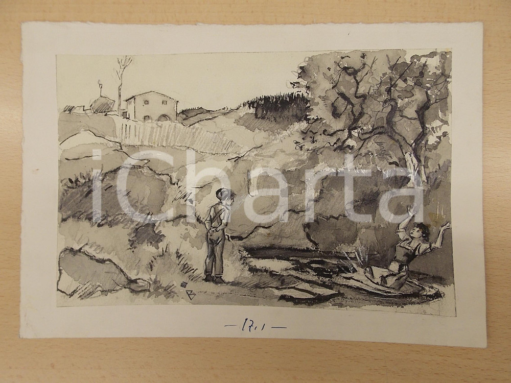1960 ca Carlo BISI (?) "Incidente in un laghetto" - Tavola a china 21x14 cm Tavola a china, montata su cartoncino, presumibilmente attribuibile al noto illustratore Carlo Bisi.FORMATO: 21x14 cm (disegno); 25x17 cm (cartoncino) CONDIZIONI: FAIR (macchie al lato destro)    originale e autentica 1