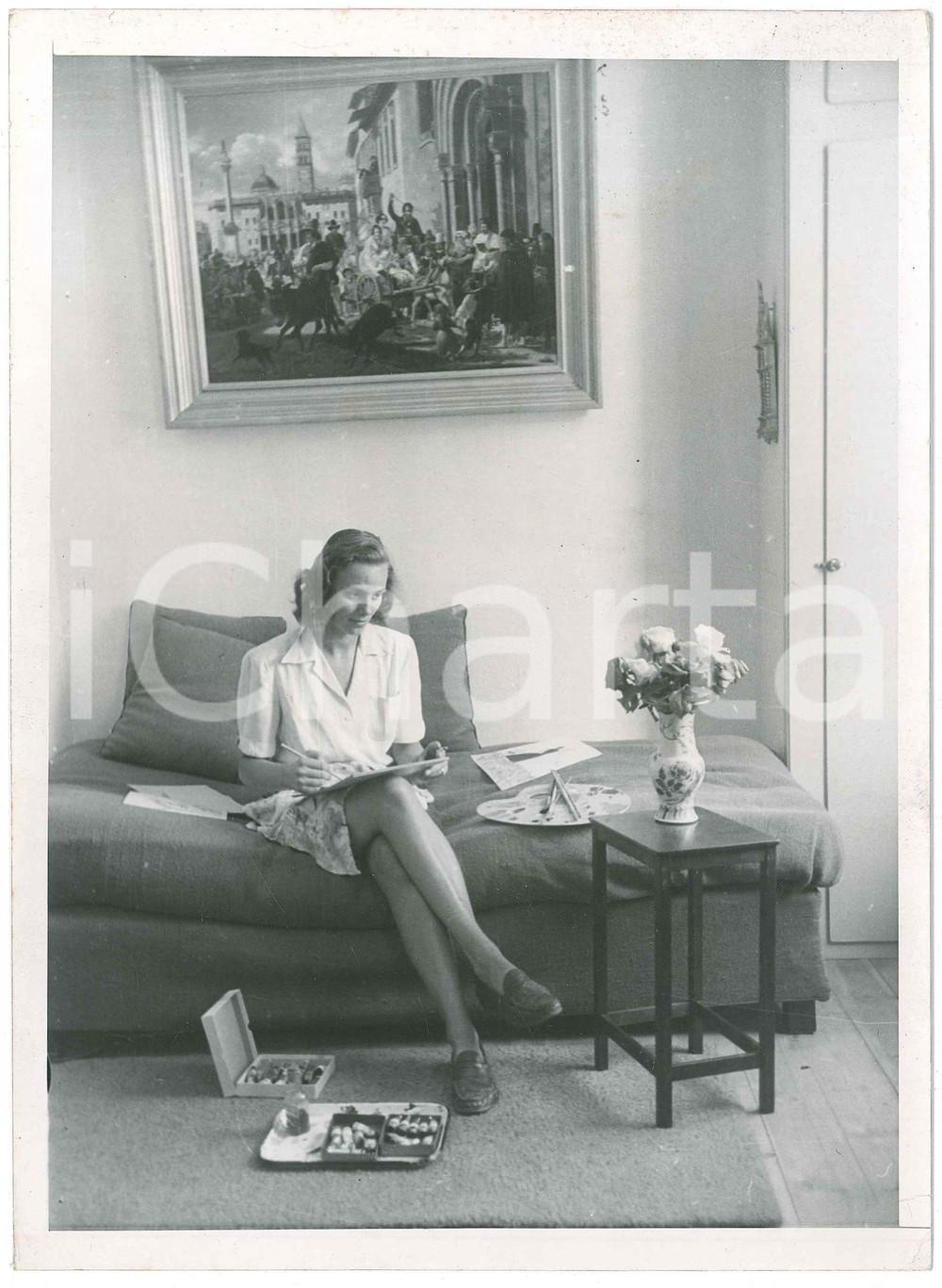 Fotografia d epoca originale 1947 COPENHAGEN Anna di BORBONEPARMA si dedica alla pittura  Foto 1