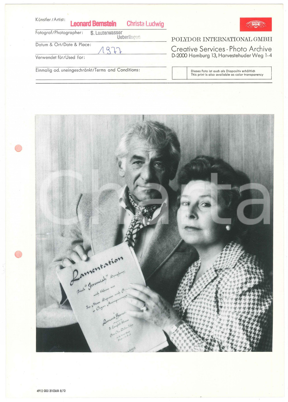 Fotografia d epoca originale 1977 MUSICA CLASSICA Leonard BERNSTEIN Christa LUDWIG Photo POLYDOR 21x30 cm 1