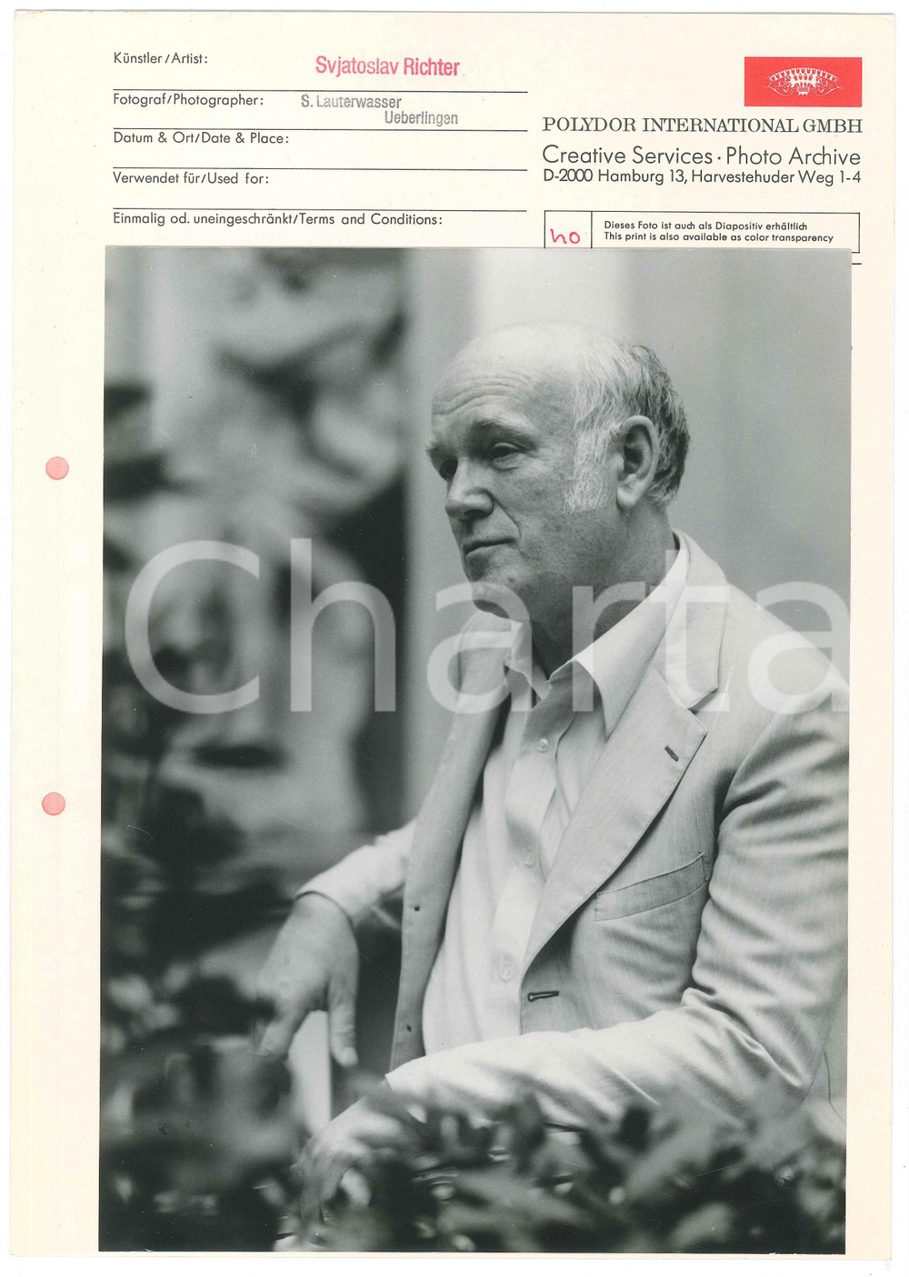 Fotografia d epoca originale 1965 ca MUSICA  Svjatoslav Teofilovic RICHTER  Foto POLYDOR INTERNATIONAL GMBH 1
